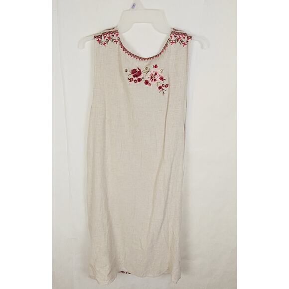 New Paparazzi tan floral embroidered linen sleeveless dress size M boho resort - Picture 2 of 8